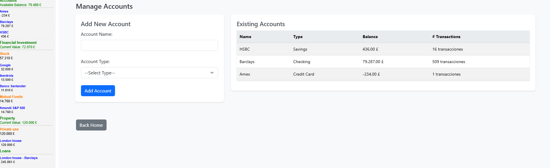 Account setup screen (add/manage accounts)