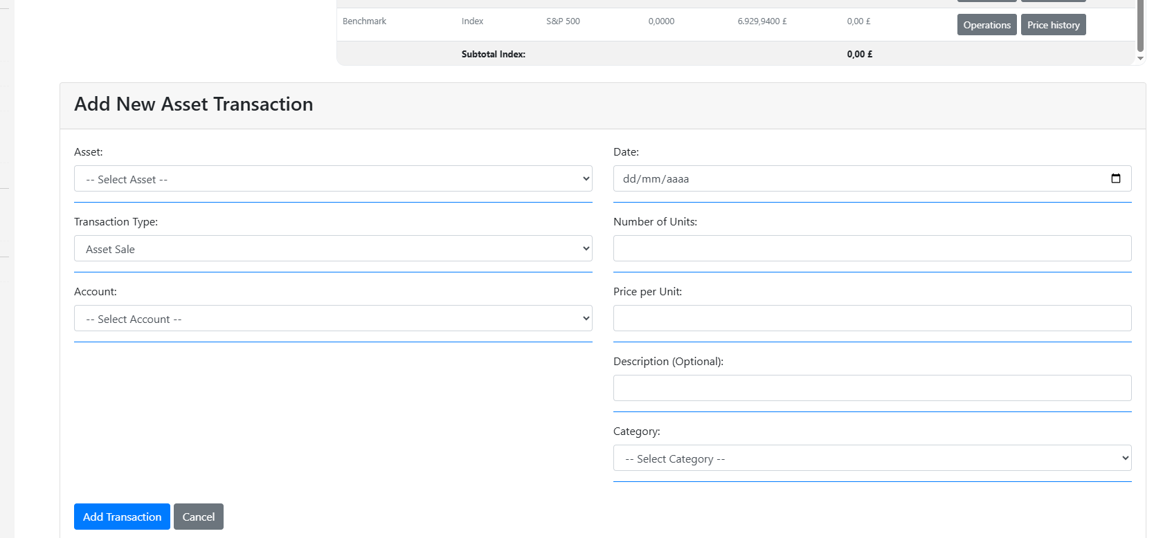 Add new asset transaction — purchase/sale/dividends/fees