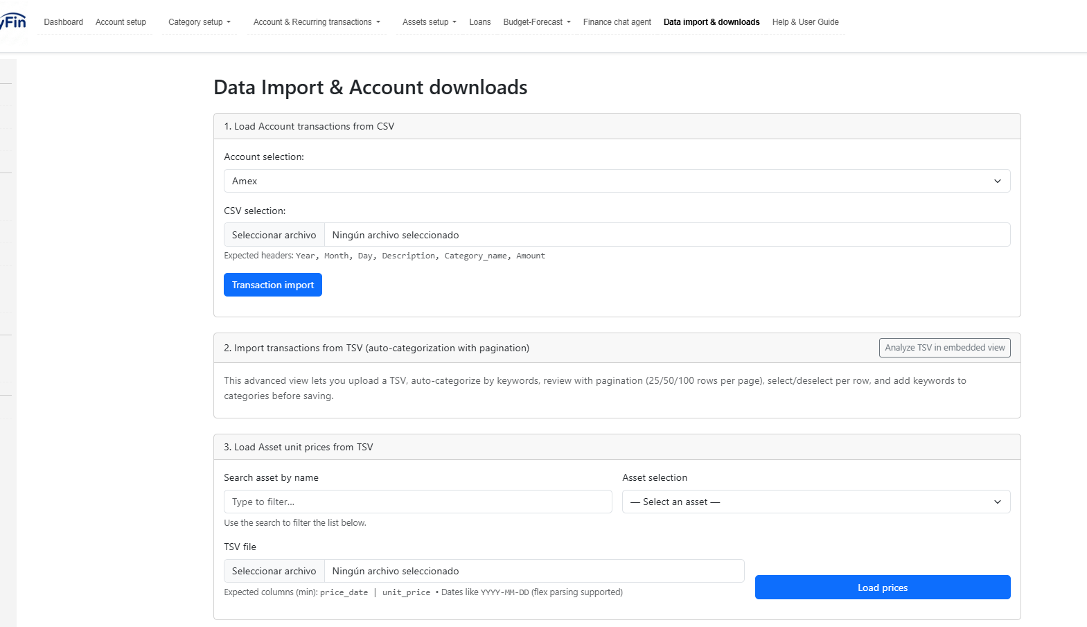 Data import & downloads — main screen