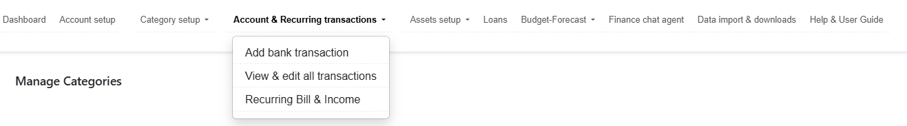 Menu — Account & Recurring section