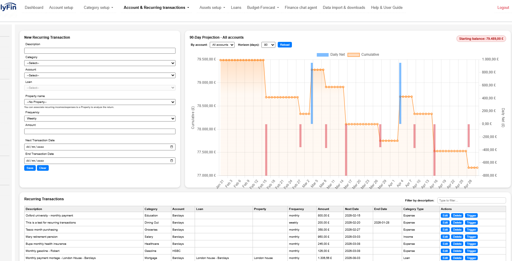 Recurring bills and income — setup and forecast